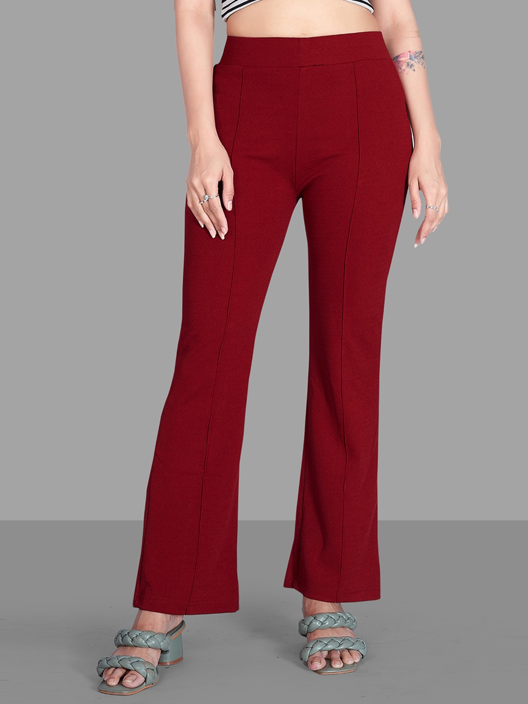 

SILVERFLY Women Relaxed Straight Leg Straight Fit High-Rise Easy Wash Bootcut Trousers, Maroon