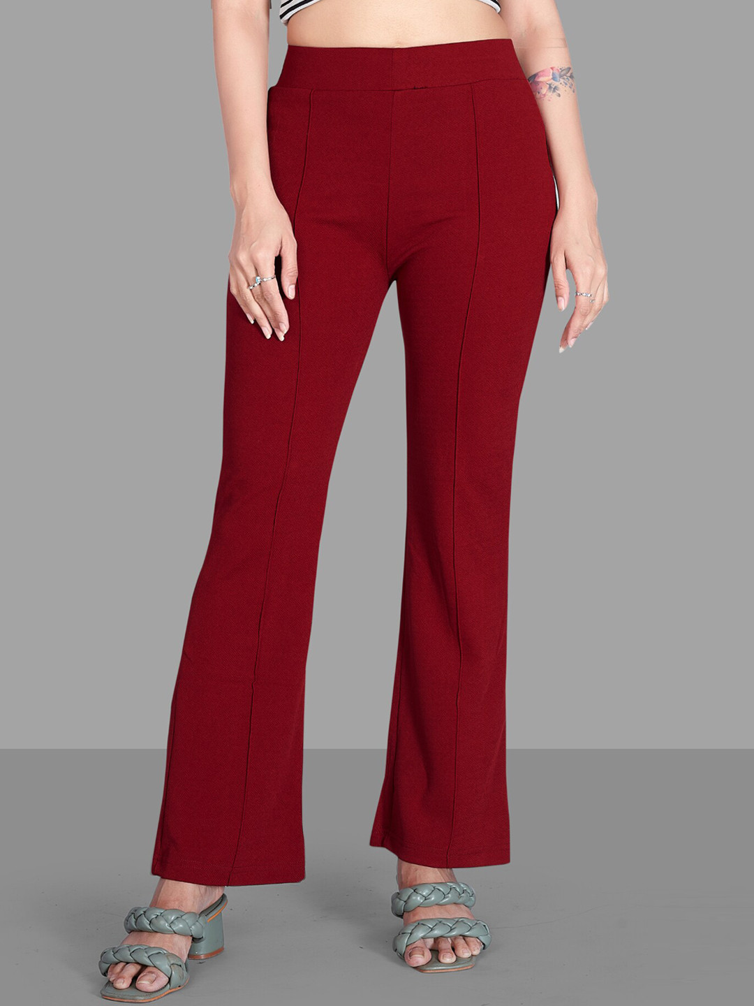 

SILVERFLY Women Relaxed Straight Leg Straight Fit High-Rise Easy Wash Trousers, Maroon