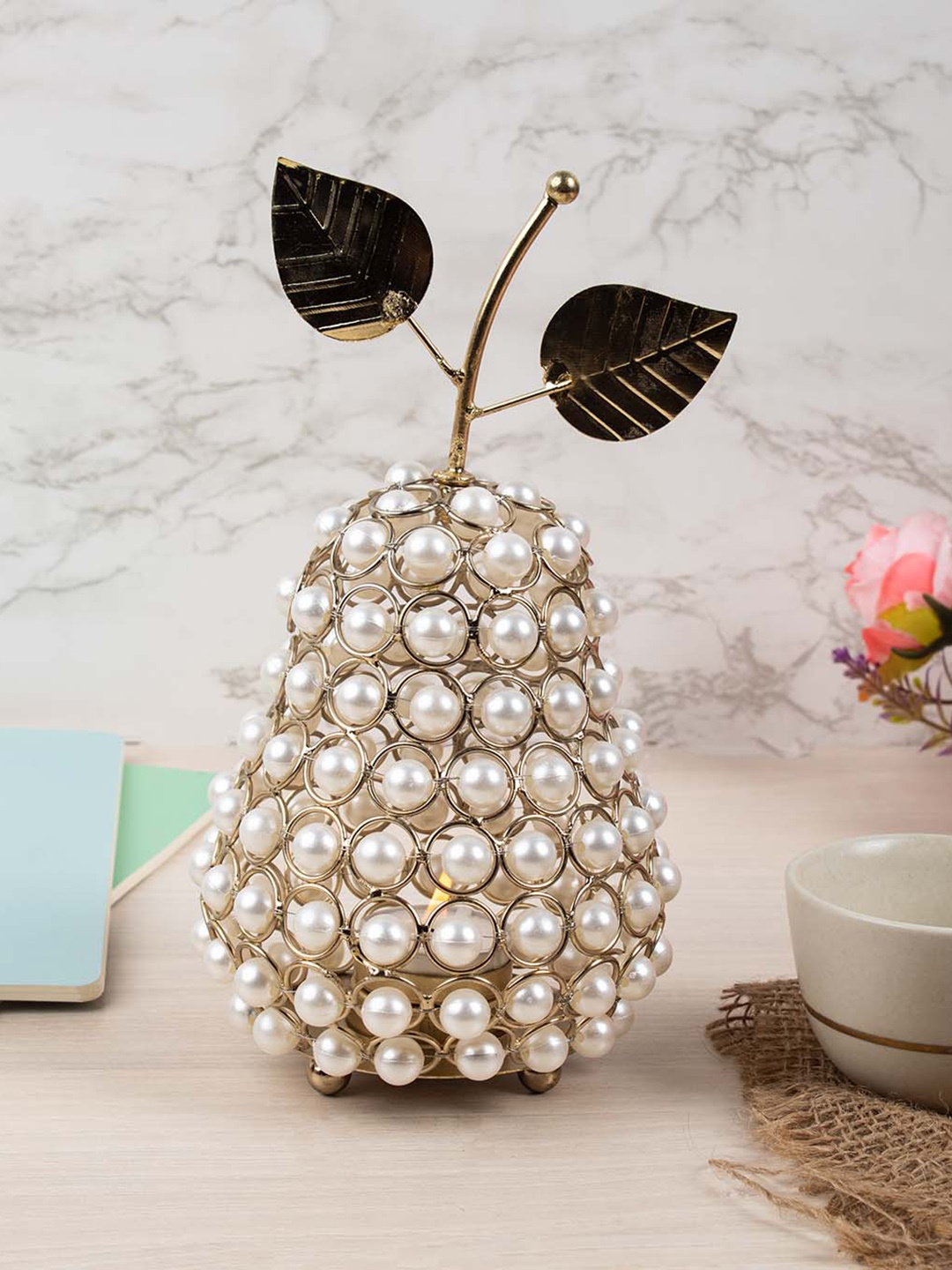 

MARKET99 Gold-Toned & White Embellished Pear Tea Light Holder