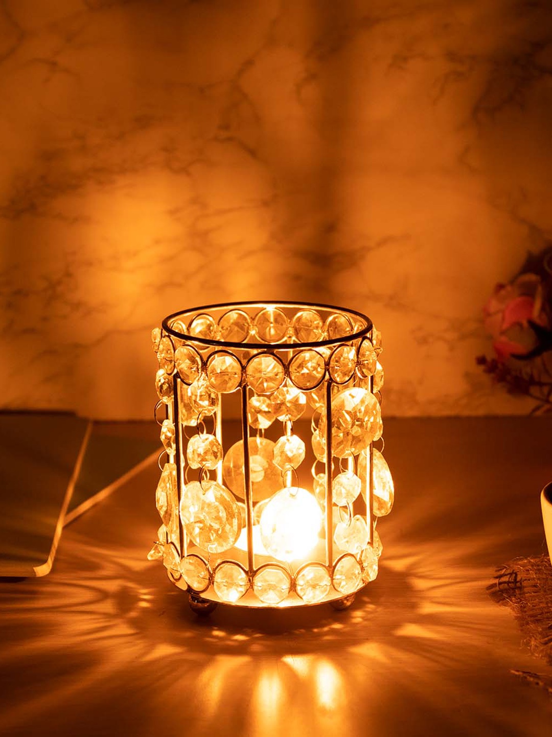 

MARKET99 Gold-Toned & White Crystal Votive Metal Candle Holder