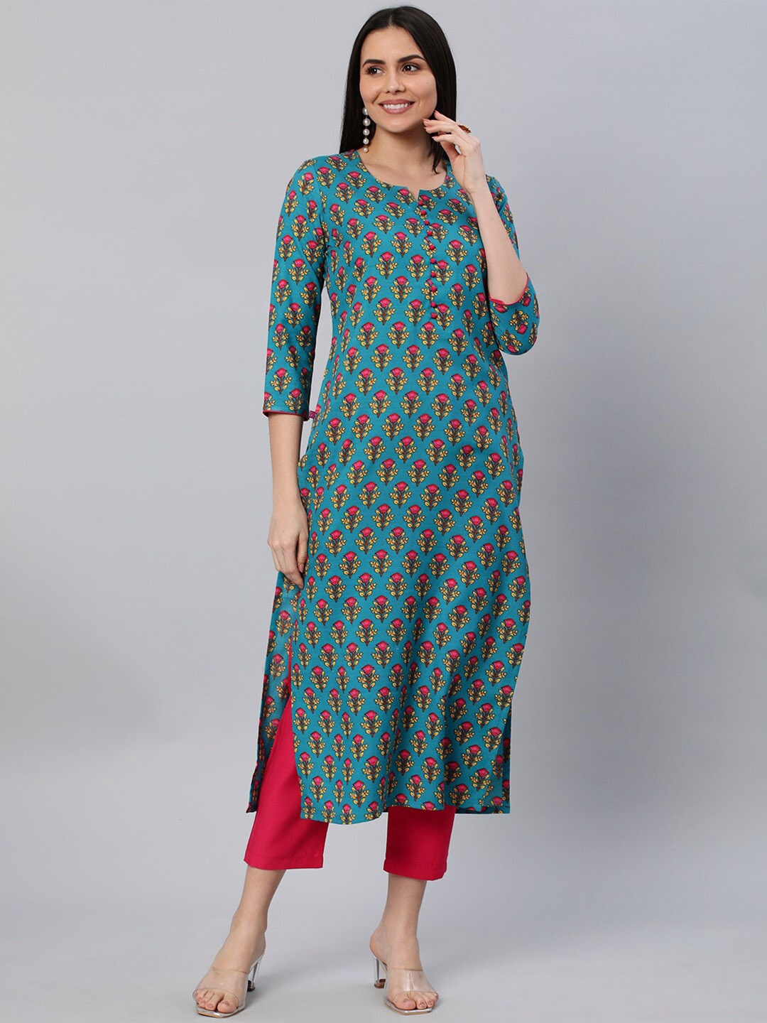 

KALINI Floral Printed Round Notched Neck Kurta with Trousers, Green