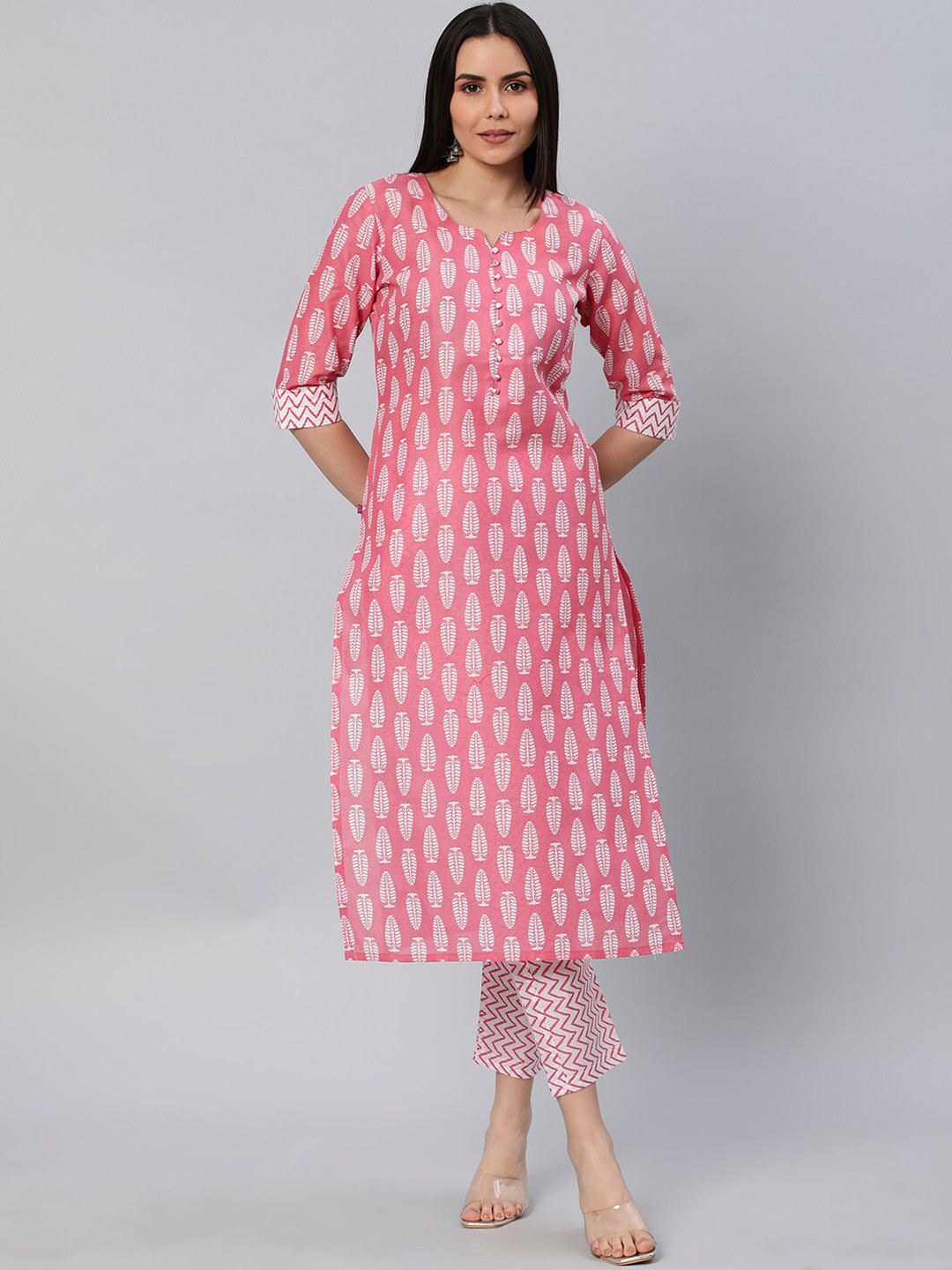 

KALINI Notched Neck Floral Printed Kurta with Trousers, Pink