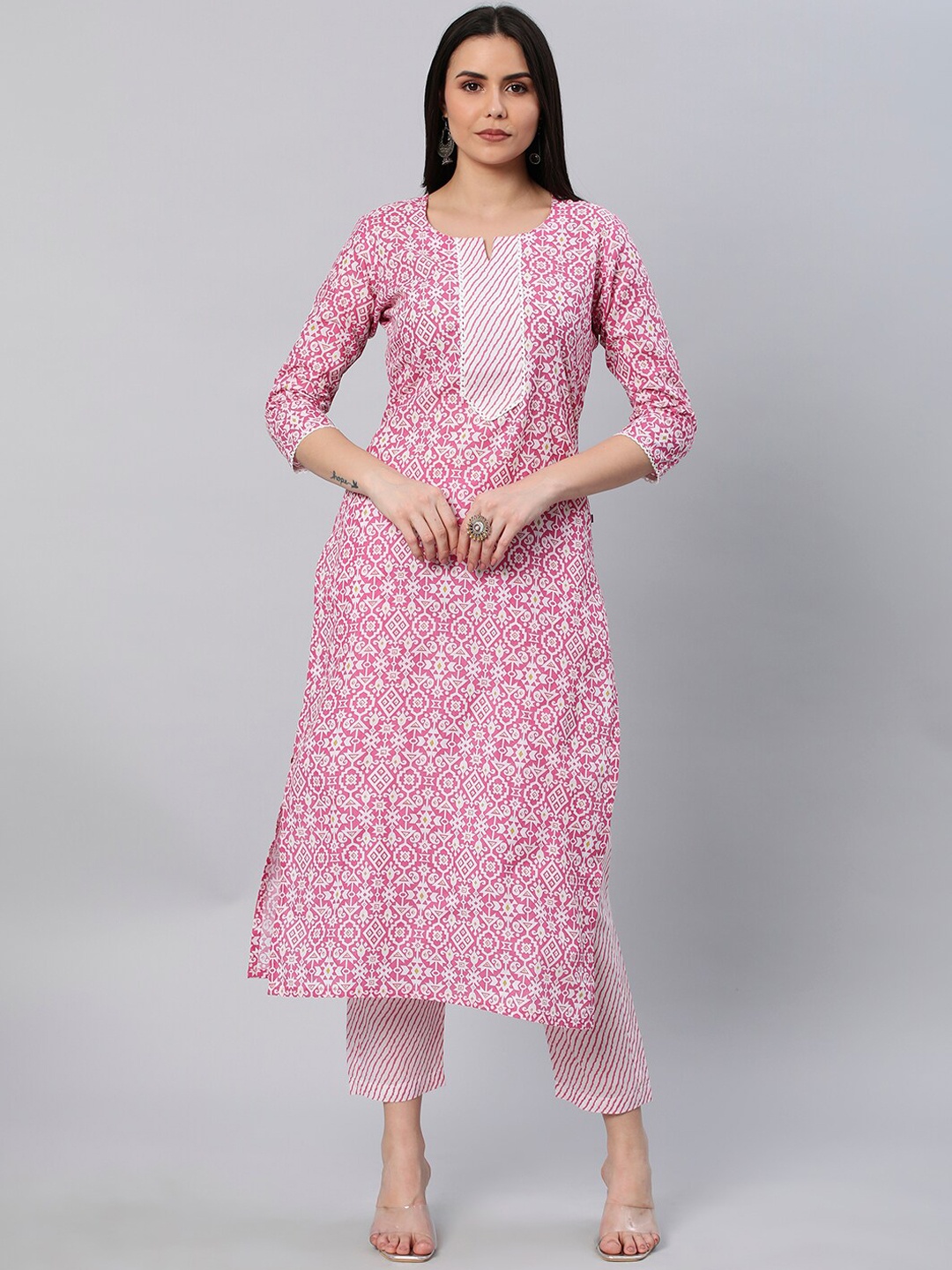 

KALINI Notched Neck Ethnic Mofits Printed Straight Kurta with Trousers, Pink