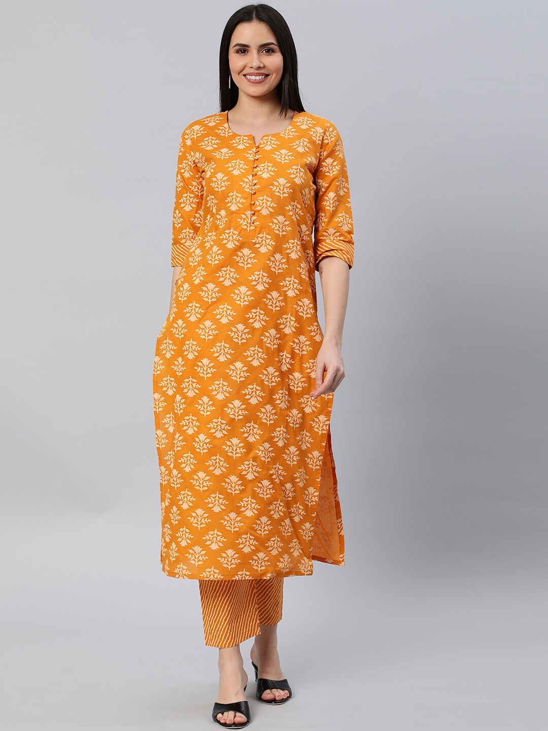 

KALINI Notched Neck Floral Printed Kurta with Trousers, Mustard