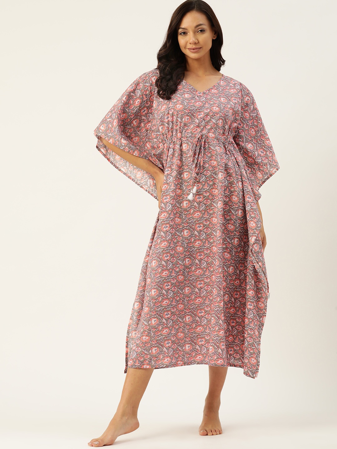 

ETC Floral Printed Midi Kaftan Pure Cotton Nightdress, Grey