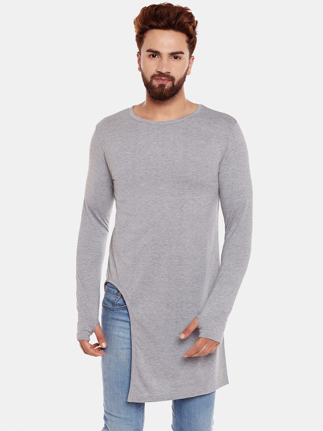 

CHILL WINSTON Round Neck Slim Fit Longline T-Shirt, Grey