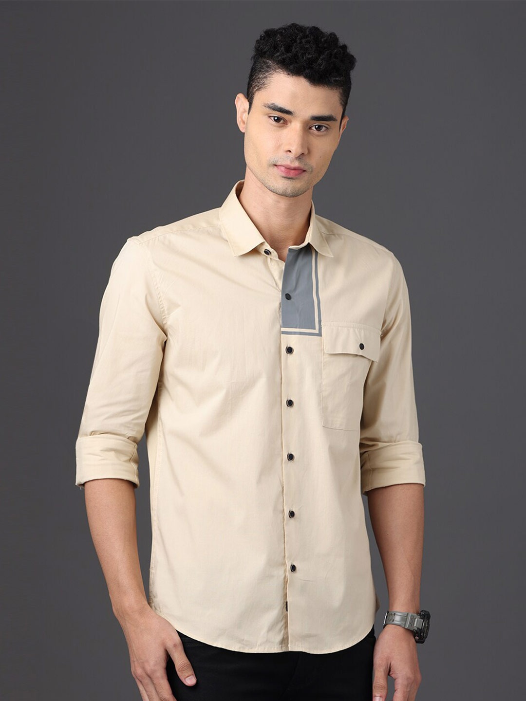 

FOGA Spread Collar Pure Cotton Casual Shirt, Beige