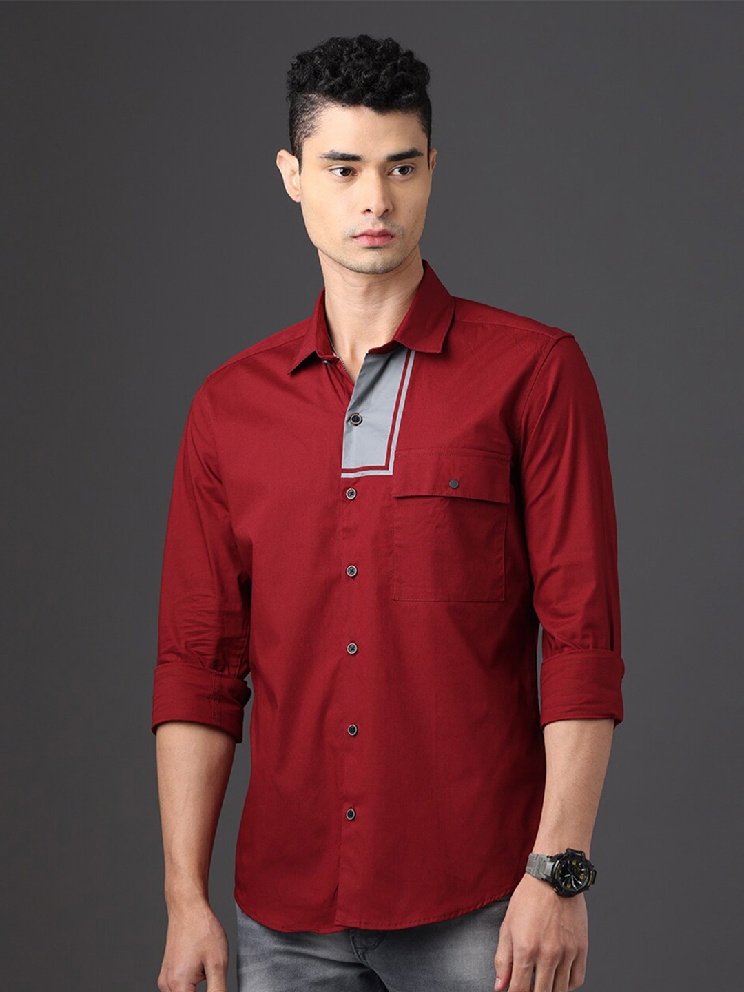 

FOGA Spread Collar Long Sleeves Pure Cotton New Casual Shirt, Maroon