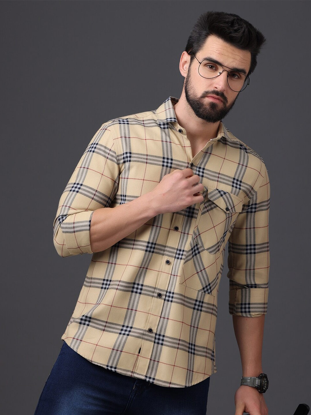 

FOGA Tartan Checks Pure Cotton Casual Shirt, Beige