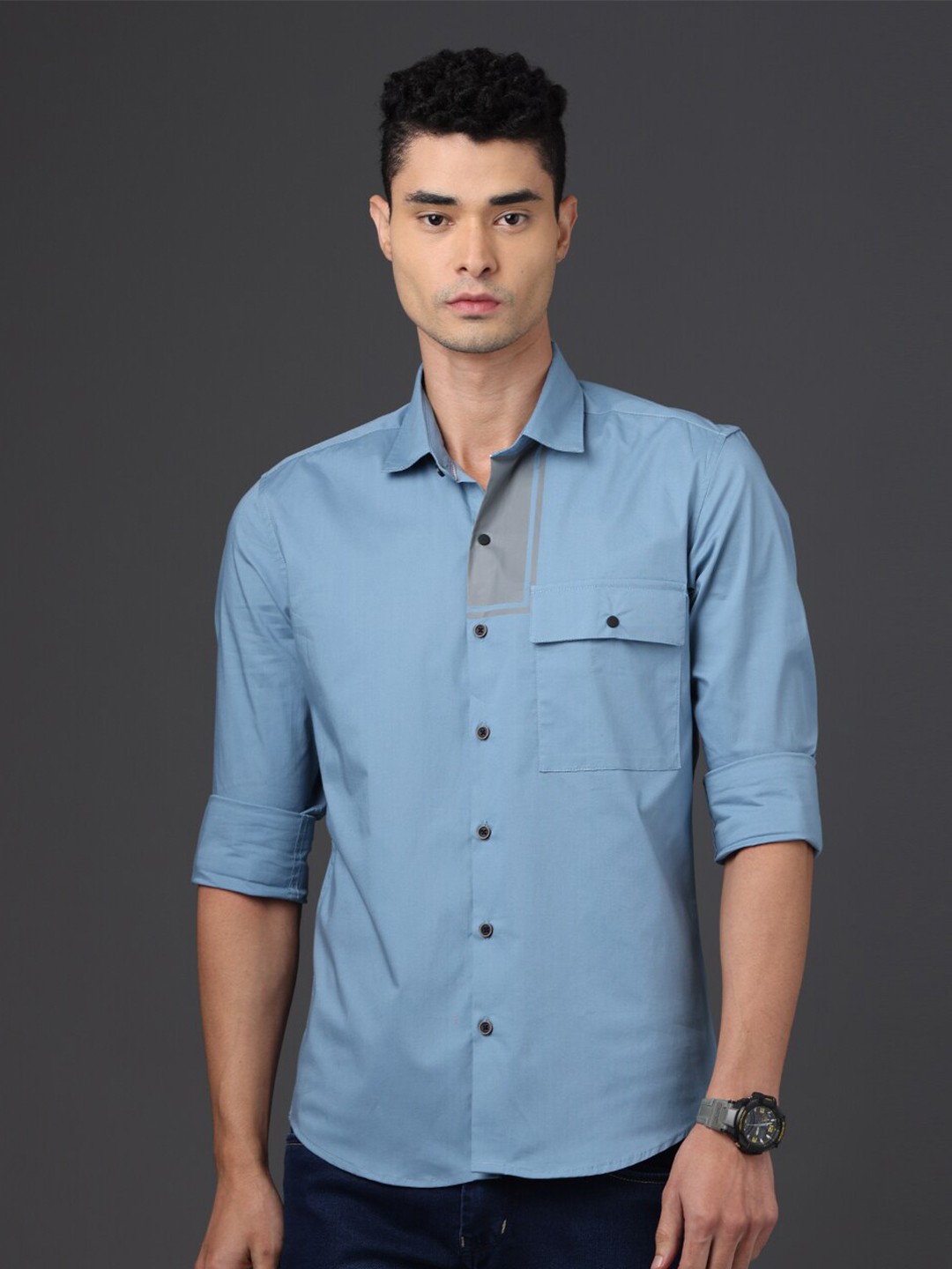 

FOGA Spread Collar Pure Cotton Casual Shirt, Teal