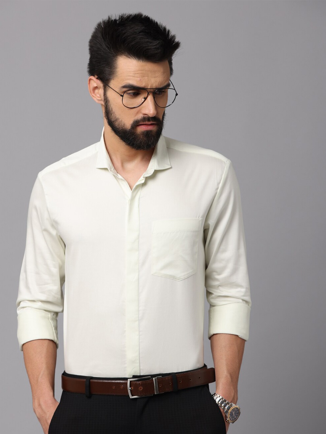 

FOGA Spread Collar Pure Cotton Formal Shirt, Cream