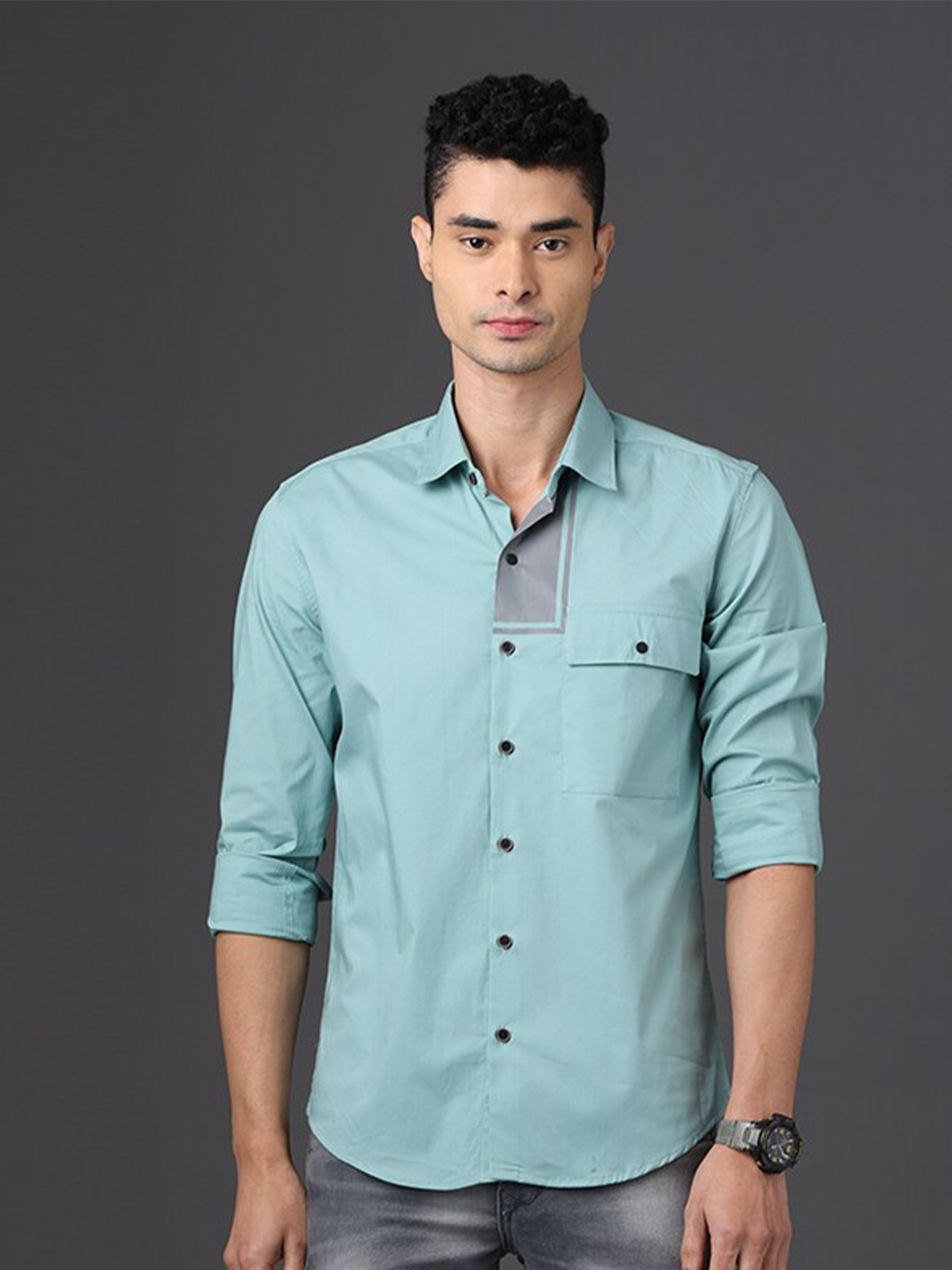 

FOGA Spread Collar Pure Cotton Casual Shirt, Green