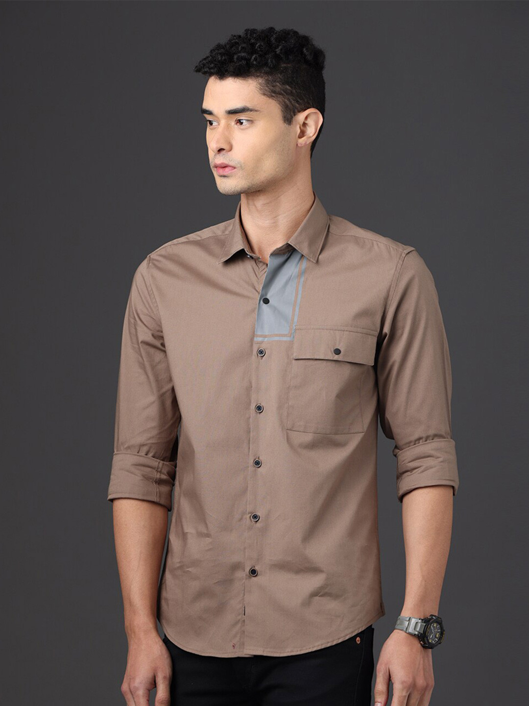 

FOGA Spread Collar Pure Cotton Casual Shirt, Brown