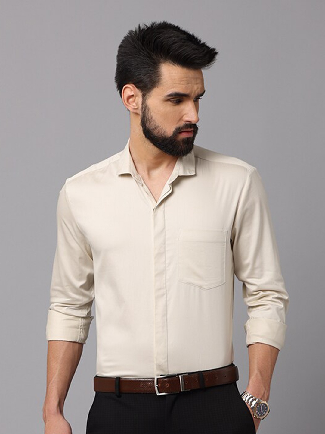 

FOGA Spread Collar Pure Cotton Casual Shirt, Beige