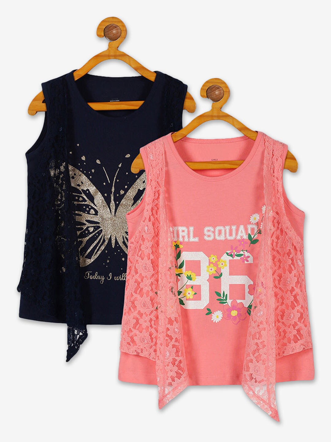 

Hopscotch Girls Pack of 2 Graphic Printed Round Neck Layered Cotton Tops, Black