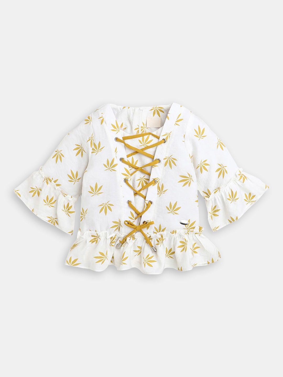 

Hopscotch Girls Tropical Printed Bell Sleeve Peplum Top, Yellow