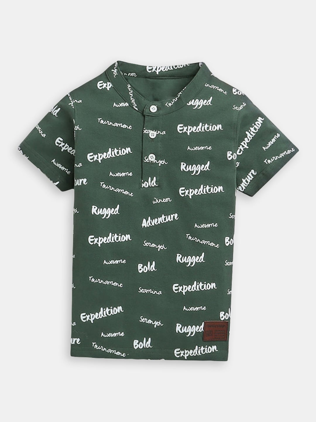 

Hopscotch Boys Typography Printed Mandarin Collar Classic Cotton Casual Shirt, Olive