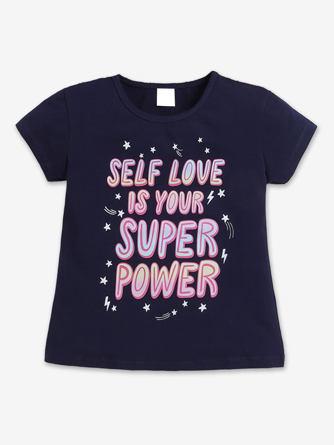 

Hopscotch Girls Typography Printed Round Neck Cotton T-shirt, Navy blue