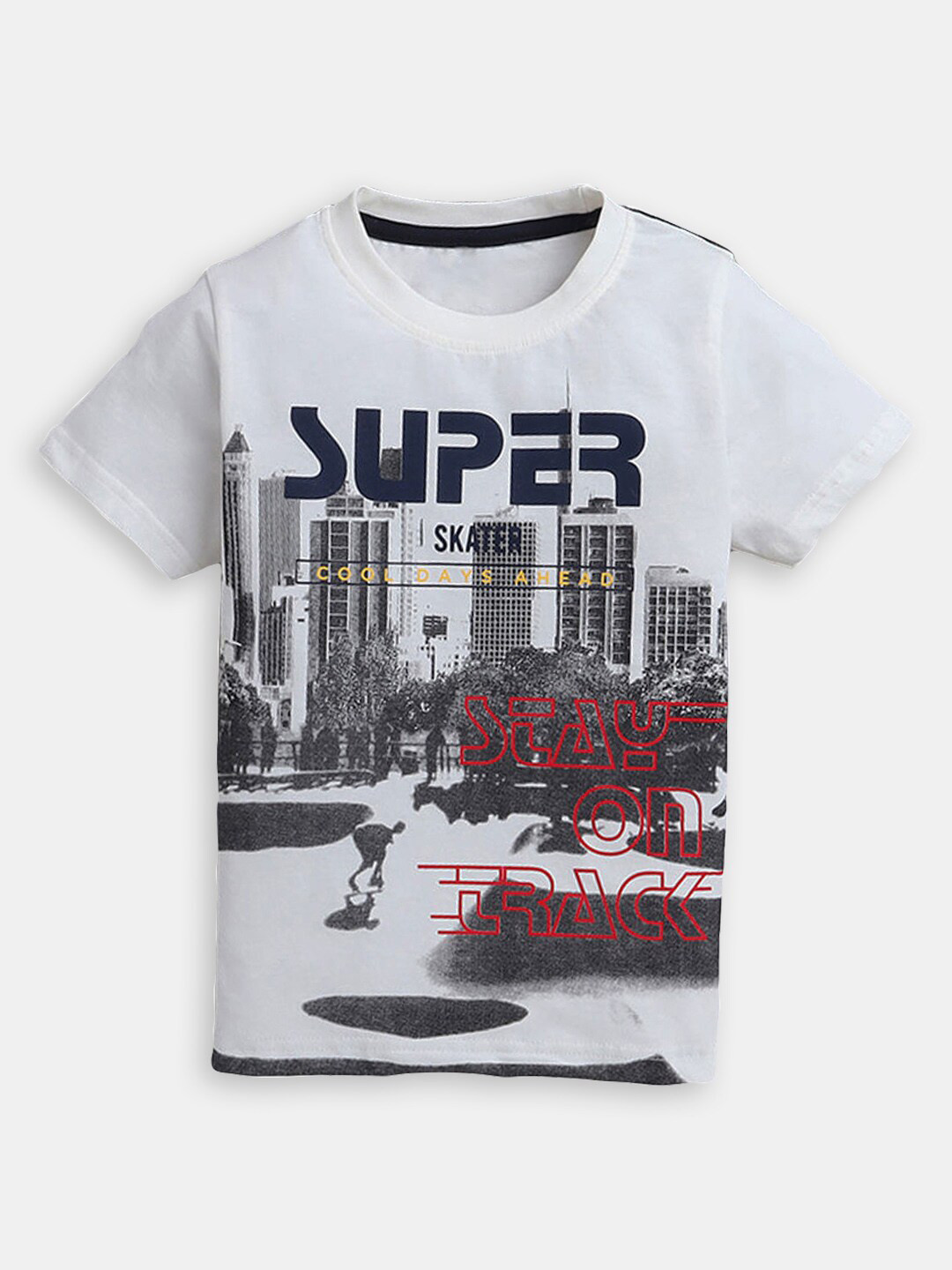 

Hopscotch Boys Graphic Printed Round Neck Cotton T-shirt, White