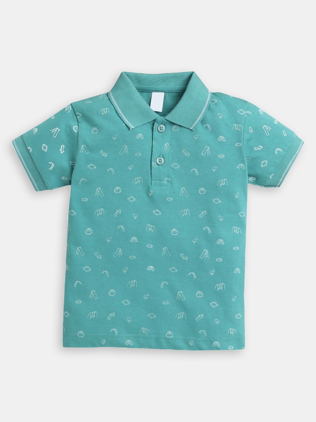 

Hopscotch Boys Conversational Printed Polo Collar Cotton T-shirt, Turquoise blue