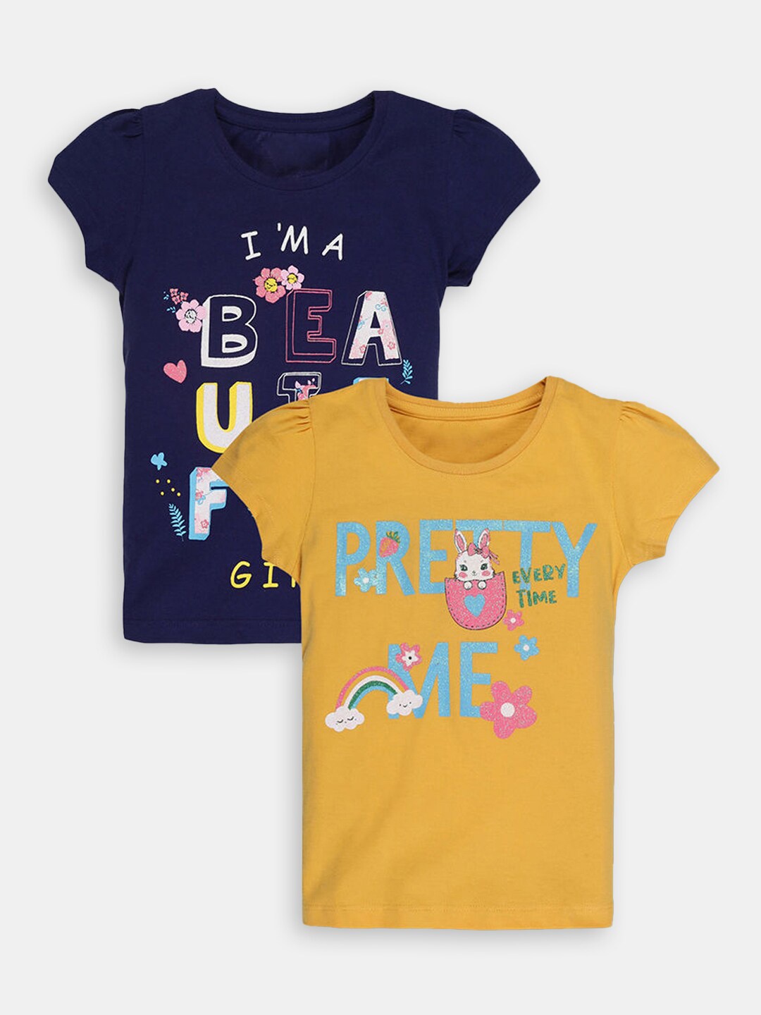 

Hopscotch Pack Of 2 Girls Typography Printed Puff Sleeves Cotton T-shirt, Yellow