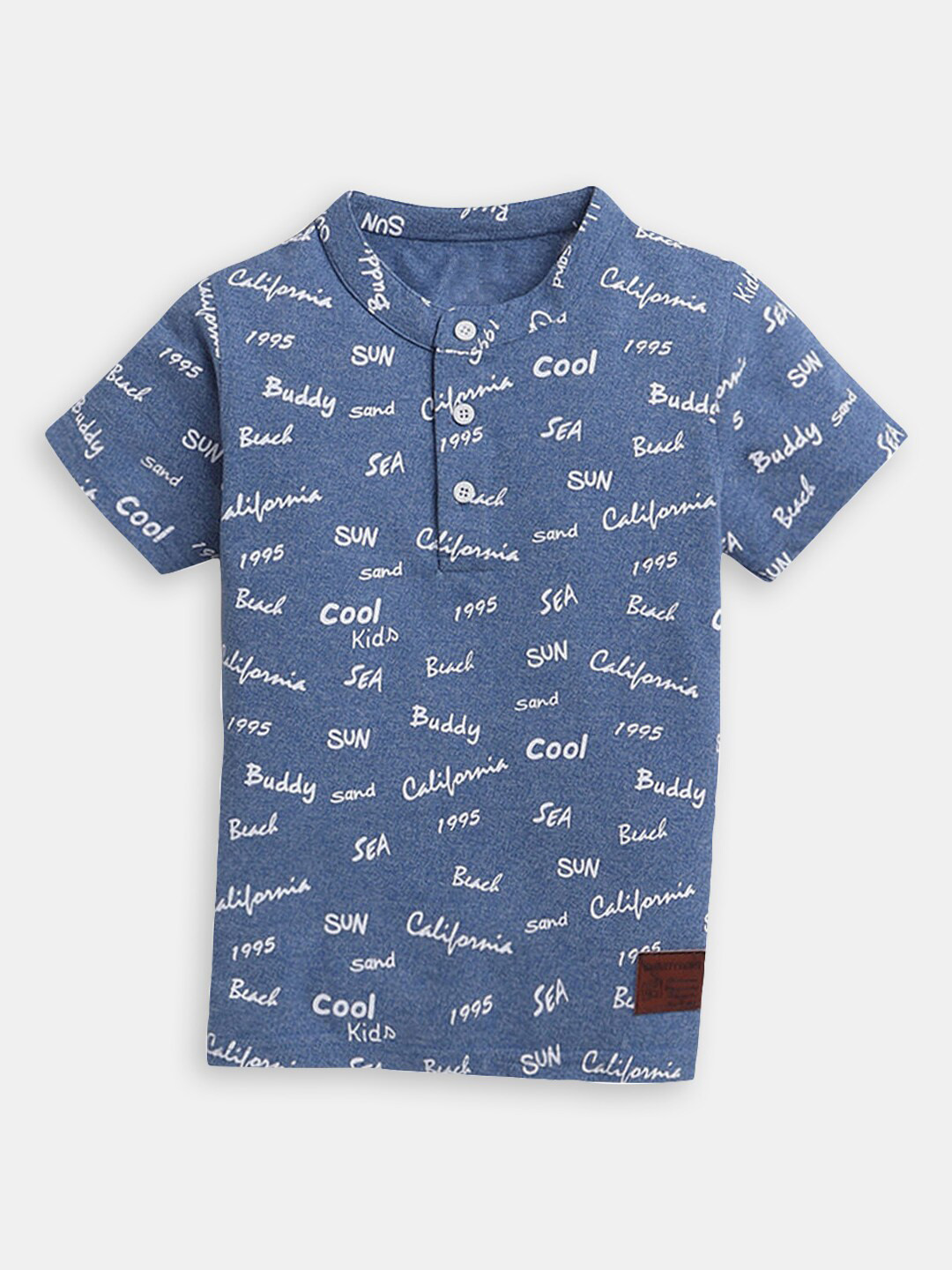 

Hopscotch Boys Typography Printed Mandarin Collar Cotton T-Shirt, Blue