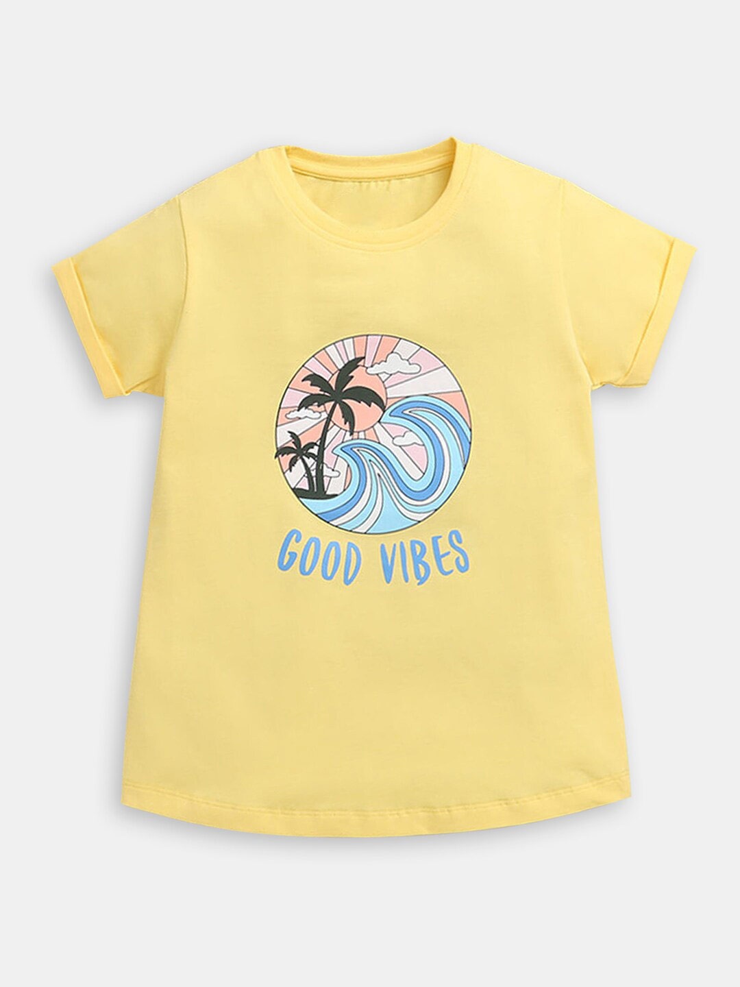 

Hopscotch Girls Graphic Printed Round Neck Cotton T-shirt, Yellow