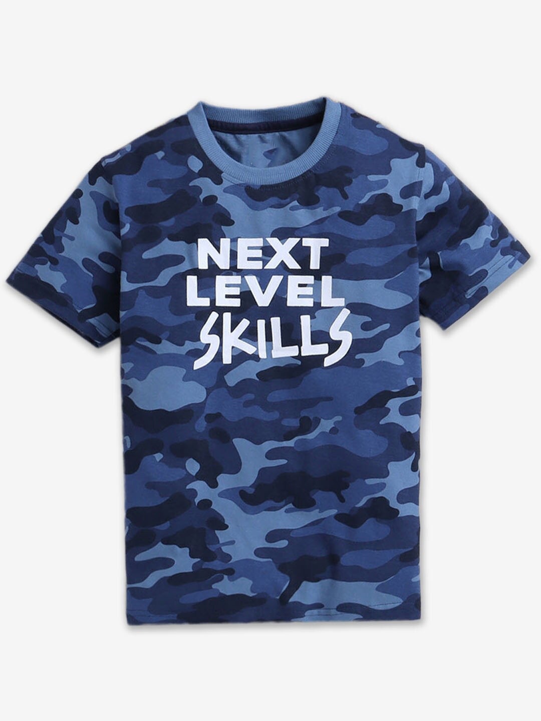 

Hopscotch Boys Camo Typography Printed Round Neck Cotton T-shirt, Blue