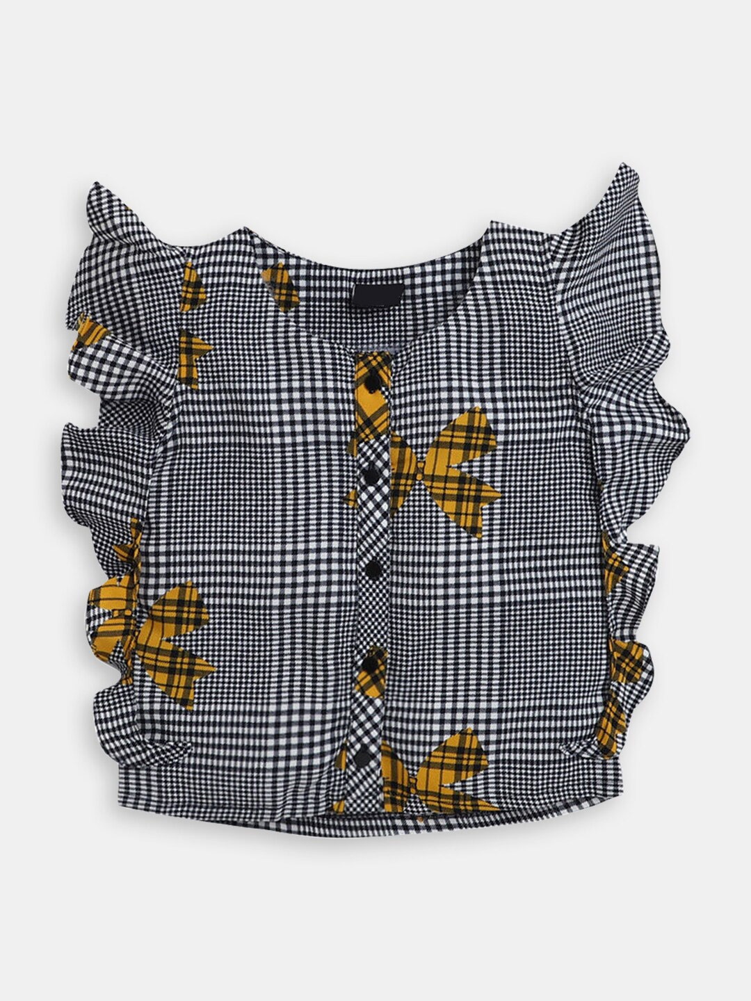 

Hopscotch Girls Checked Flutter Sleeves Top, Black