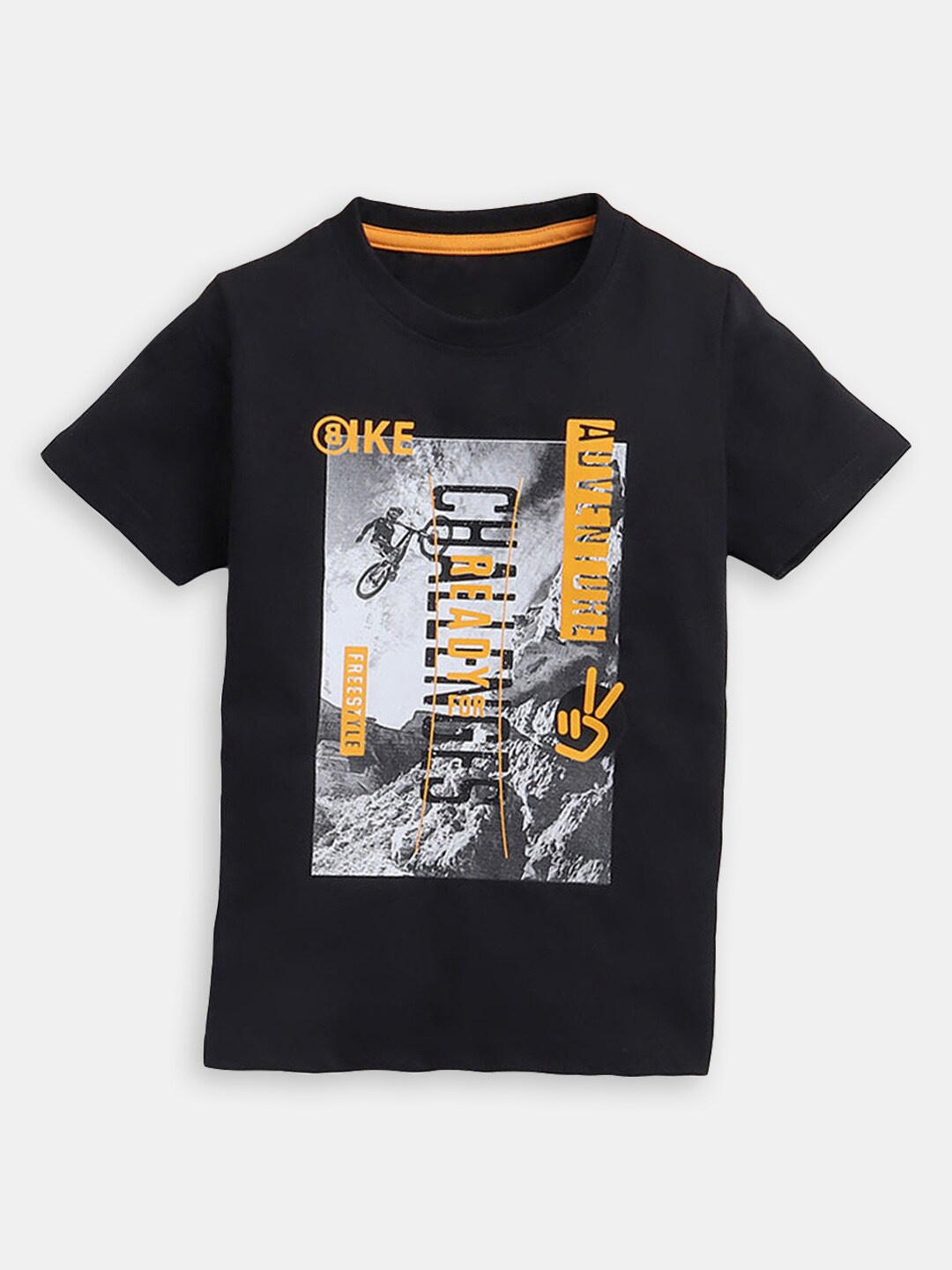 

Hopscotch Boys Graphic Printed Round Neck Cotton T-shirt, Black