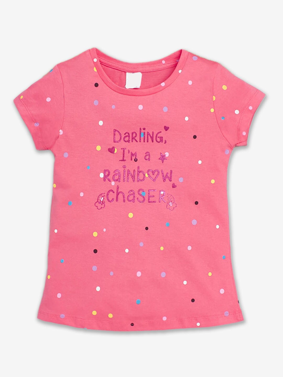 

Hopscotch Girls Typography Printed Round Neck Cotton T-shirt, Pink