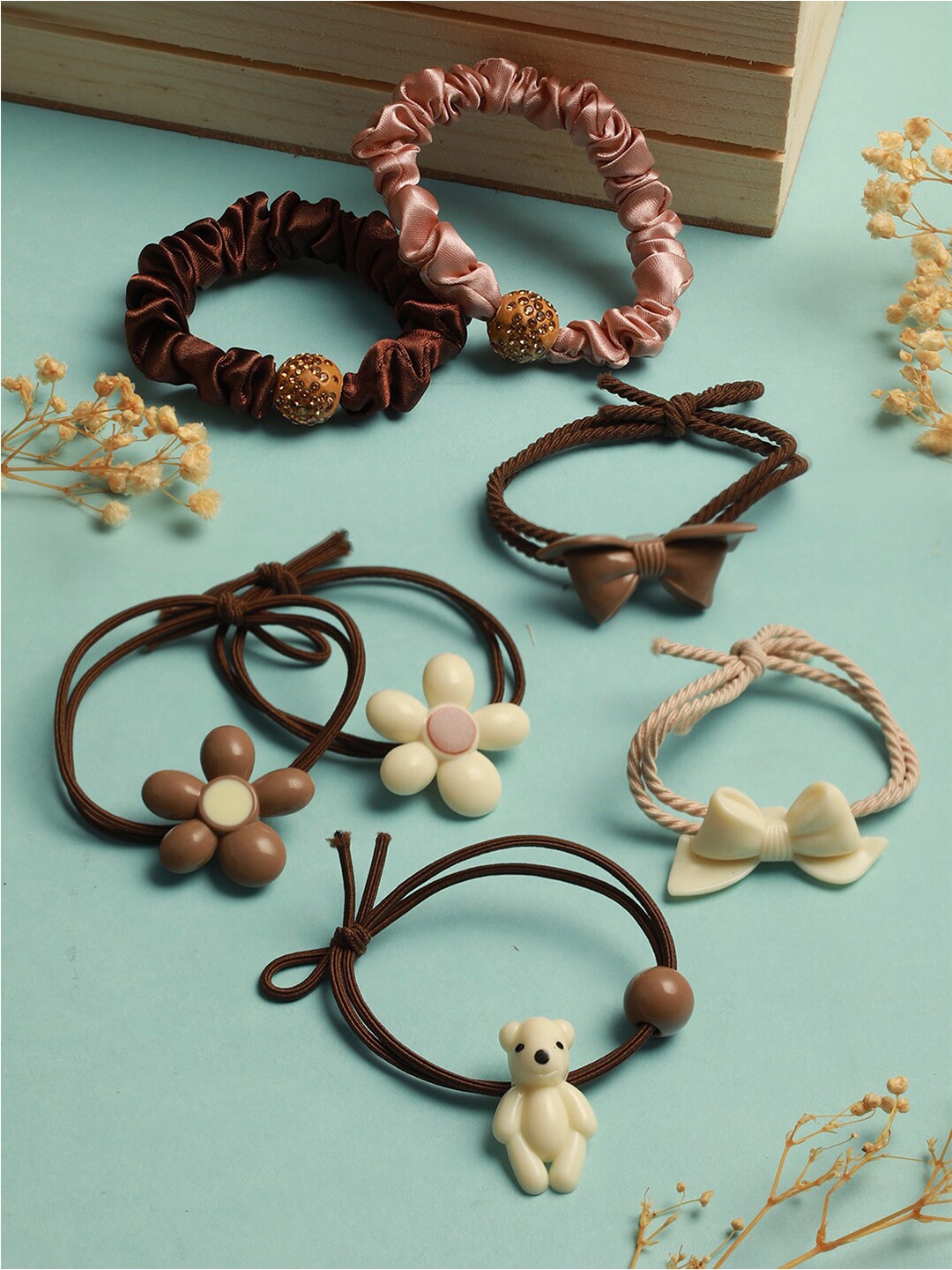 

Jazz and Sizzle Women Set of 7 Embellished Ponytail Holders, Coffee brown
