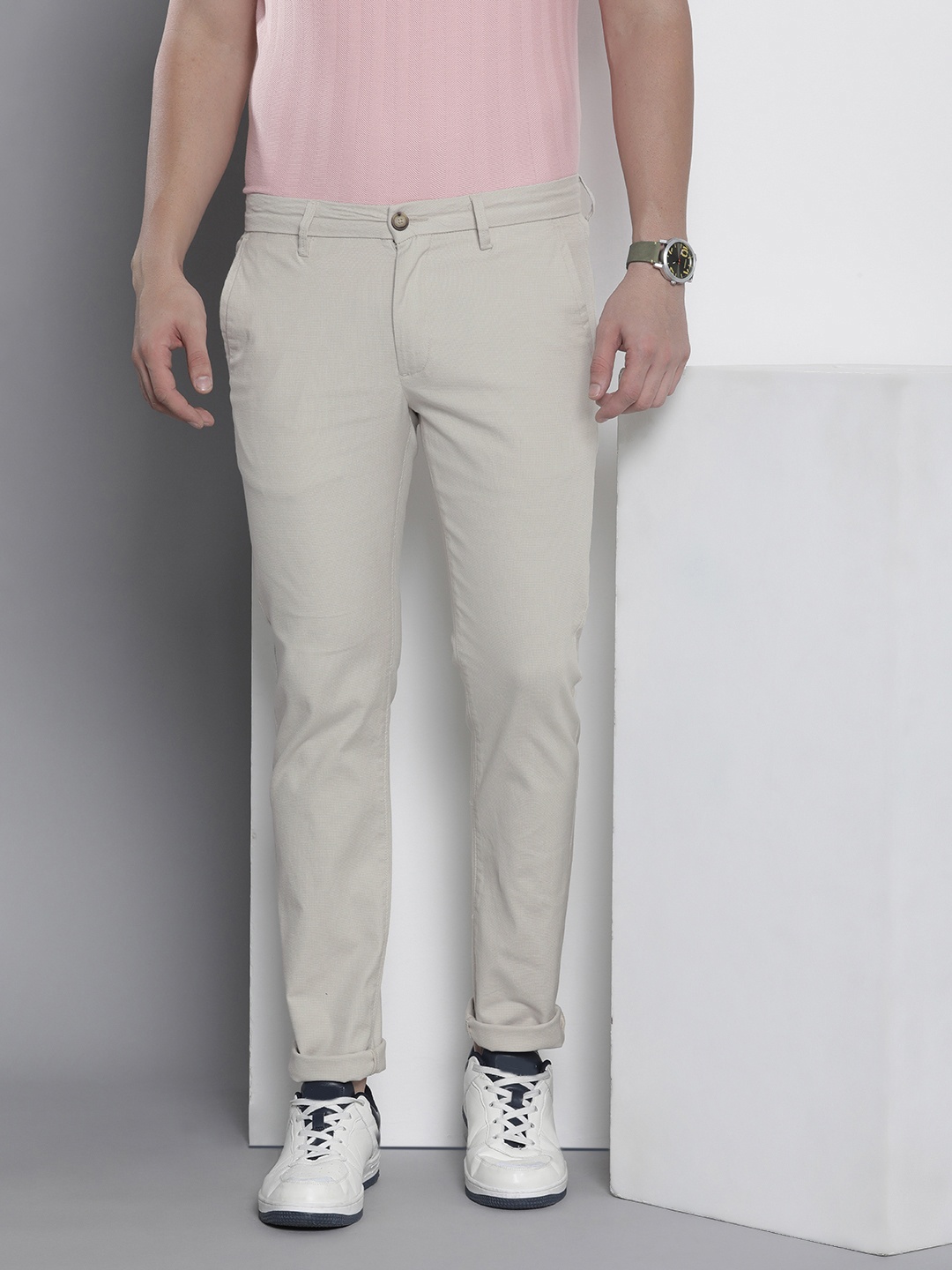 

Nautica Men Textured Slim Fit Mid-Rise Trousers, Beige