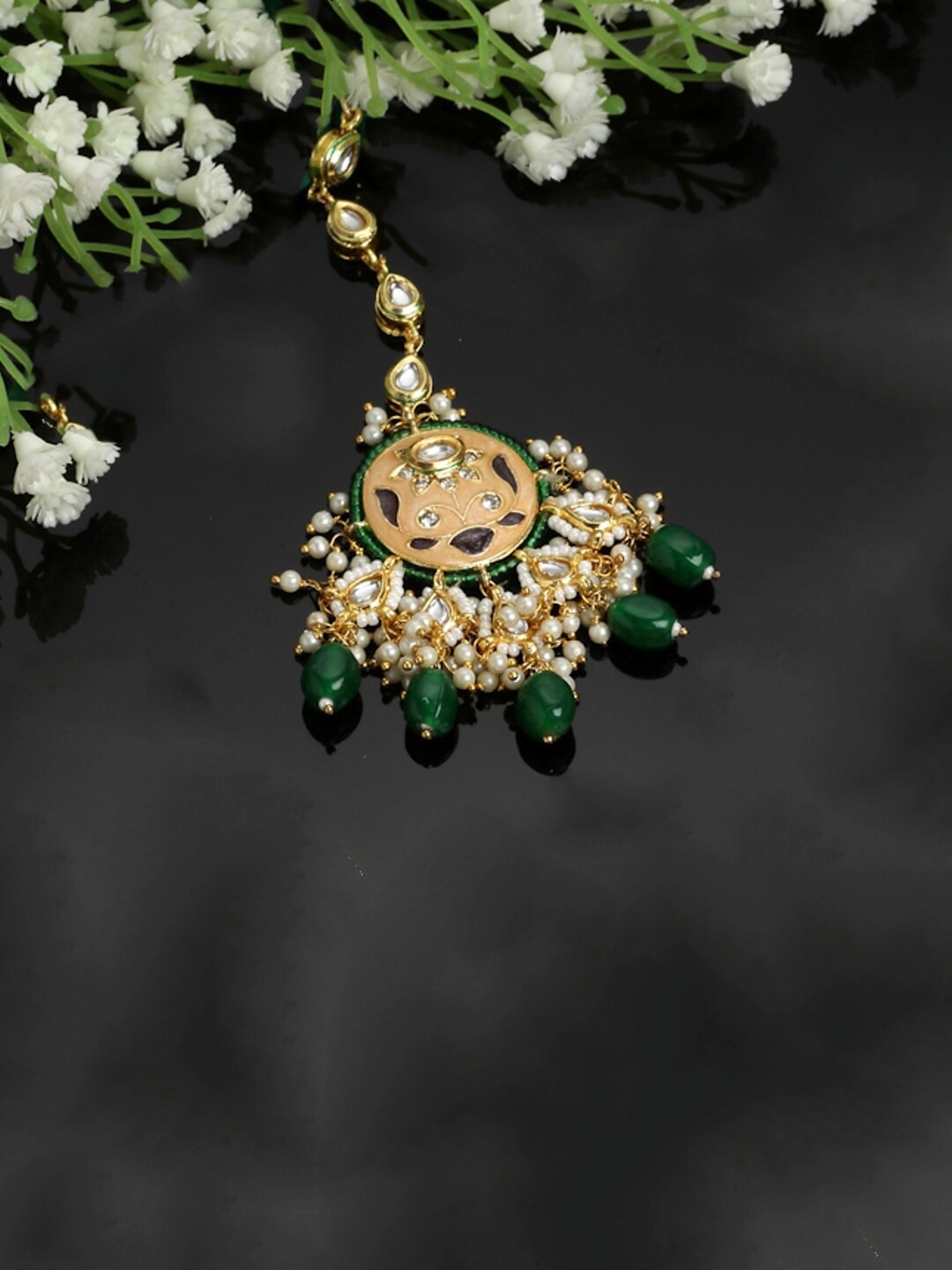 

DUGRISTYLE Gold-Plated Kundan-Studded & Beaded Maangtikka, Peach