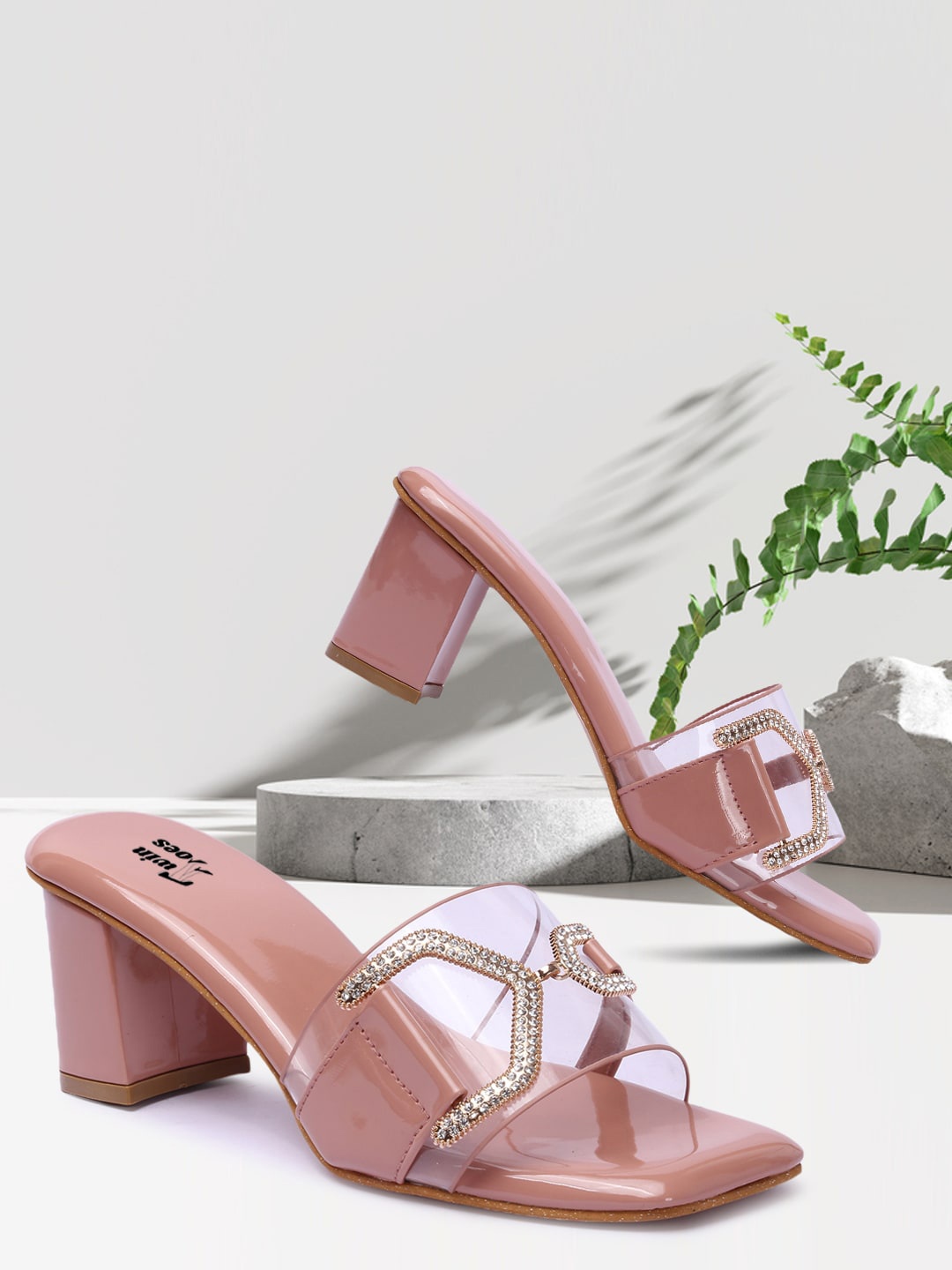 

TWIN TOES Embellished Comfortable Open Toe Block Heels, Peach
