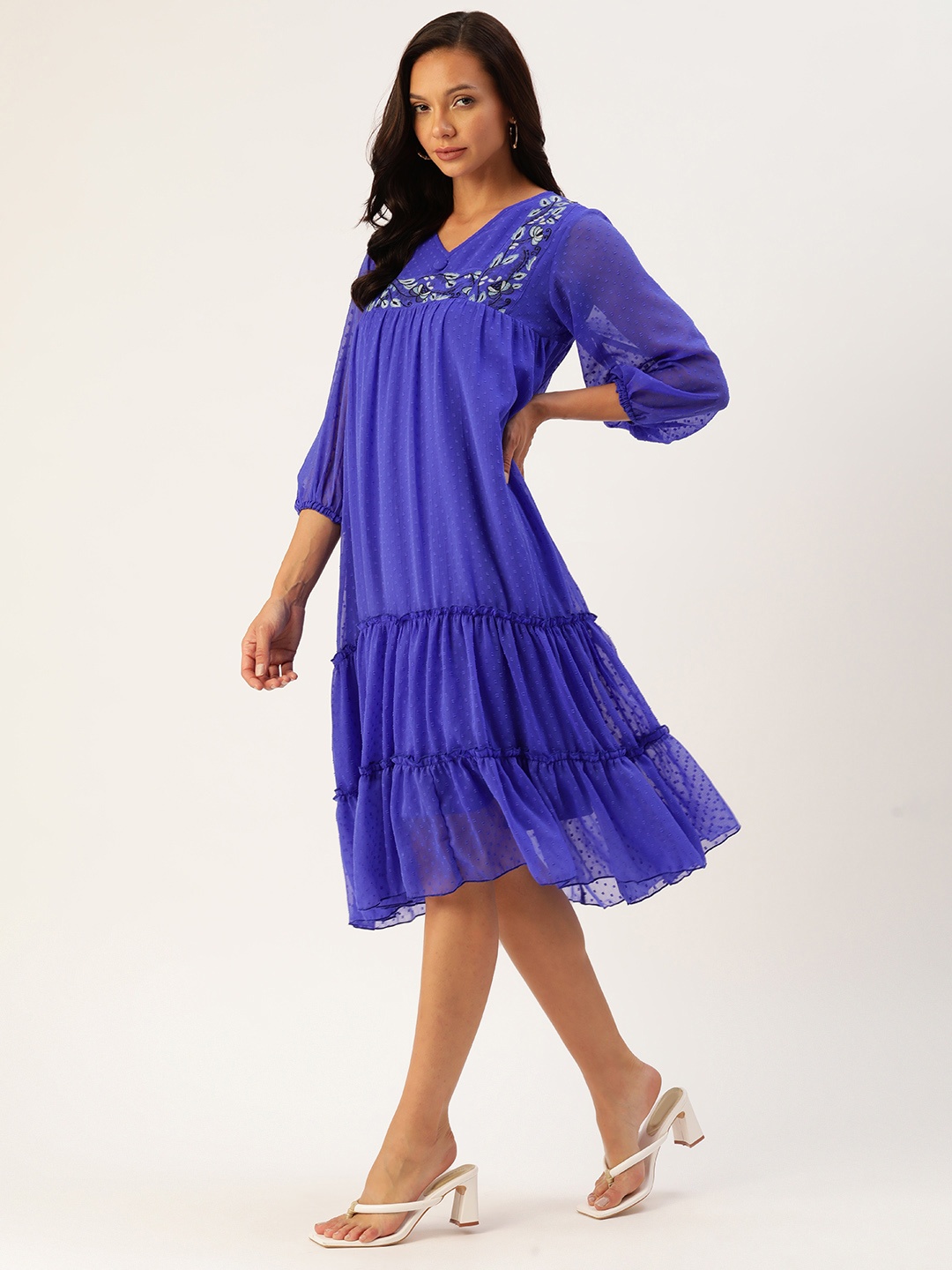 

Antheaa Floral Embroidered Puff Sleeve Chiffon A-Line Midi Dress, Blue