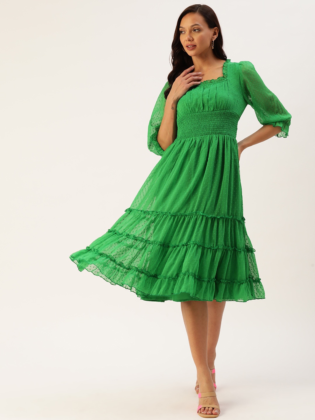 

Antheaa Puff Sleeve Chiffon Smocked A-Line Midi Dress, Green