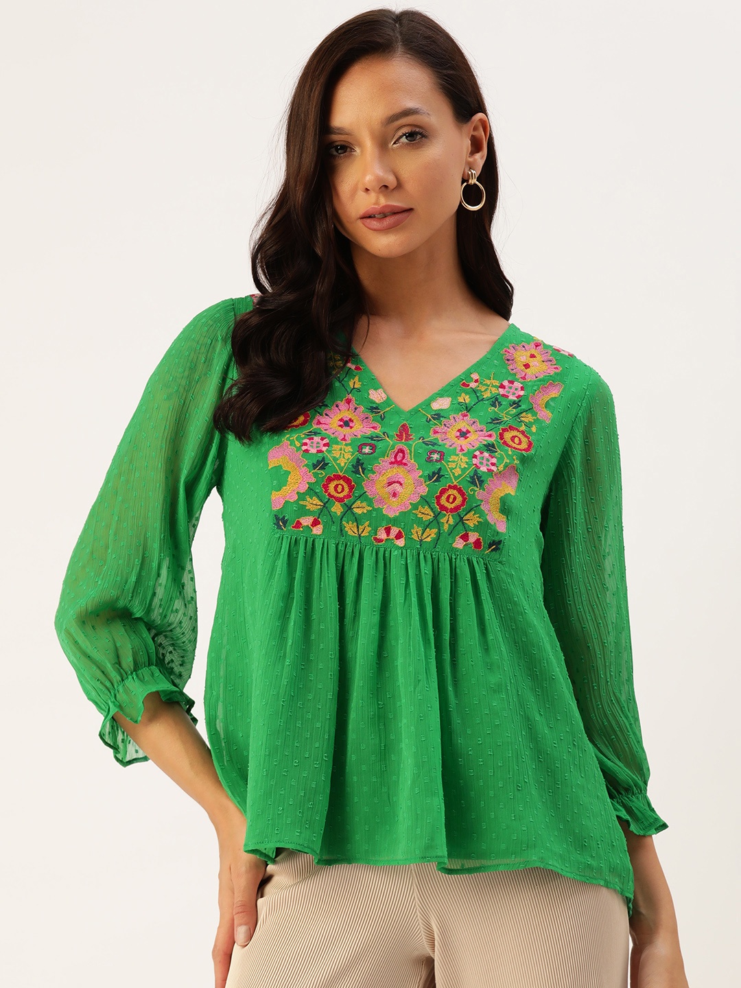 

Antheaa Floral Embroidered Puff Sleeve Chiffon Top, Green