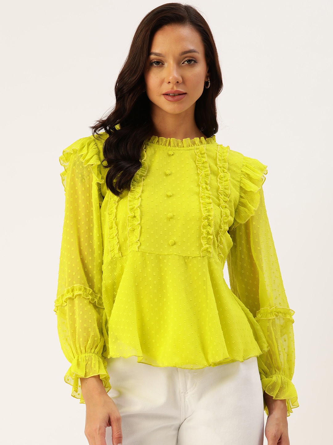 

Antheaa Puff Sleeve Ruffles Chiffon Peplum Top, Lime green