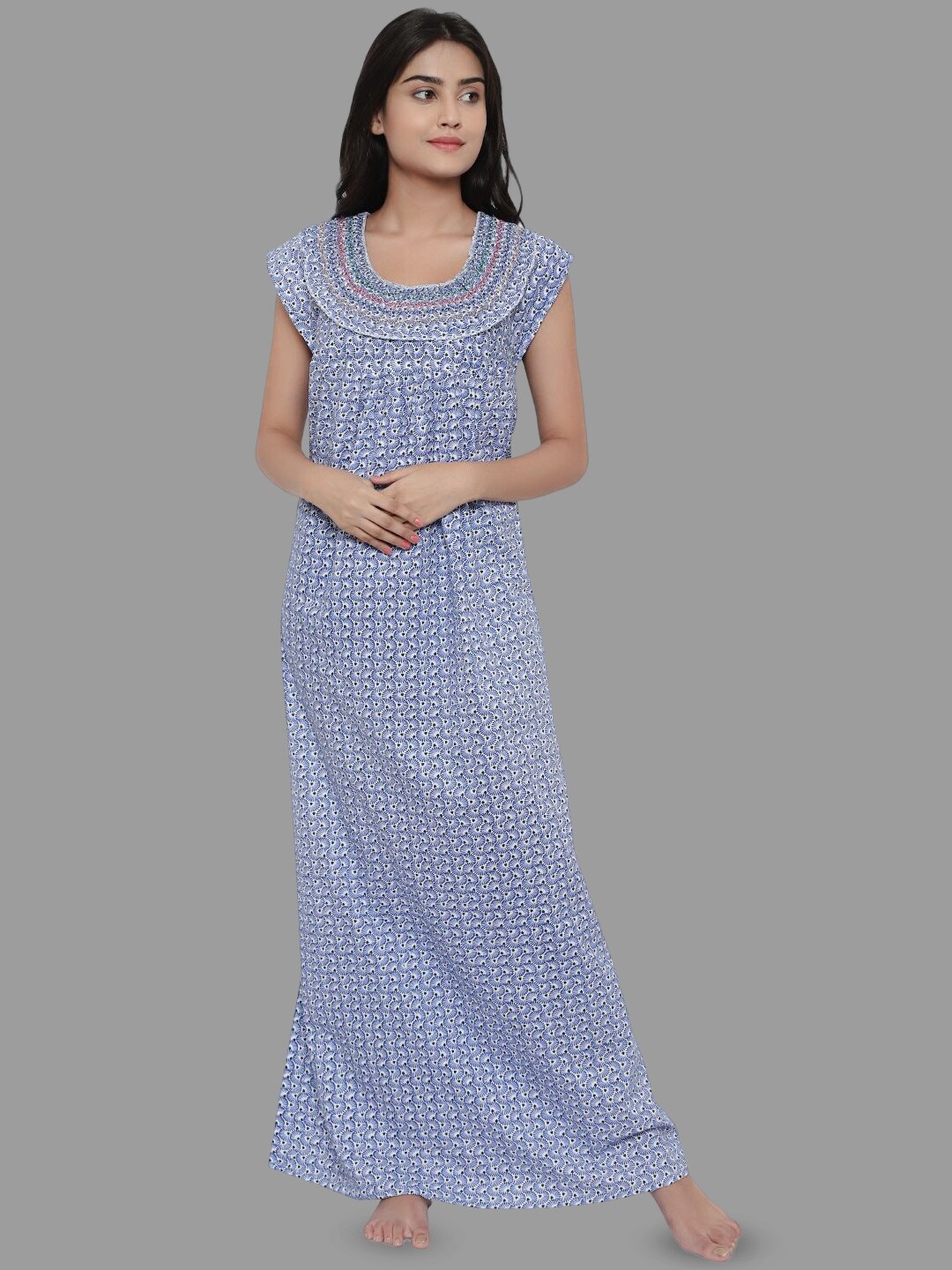 

PALIVAL Ethnic Motifs Printed Pure Cotton Maxi Nightdress, Blue