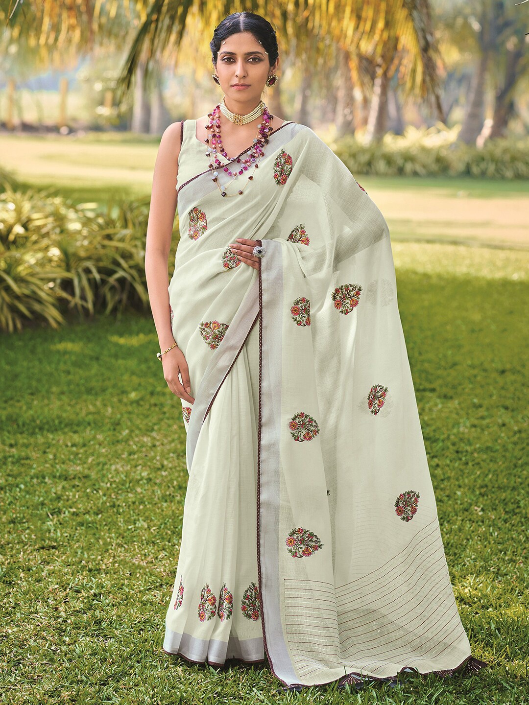

Satrani Ethnic Motifs Embroidered Zari Saree, White