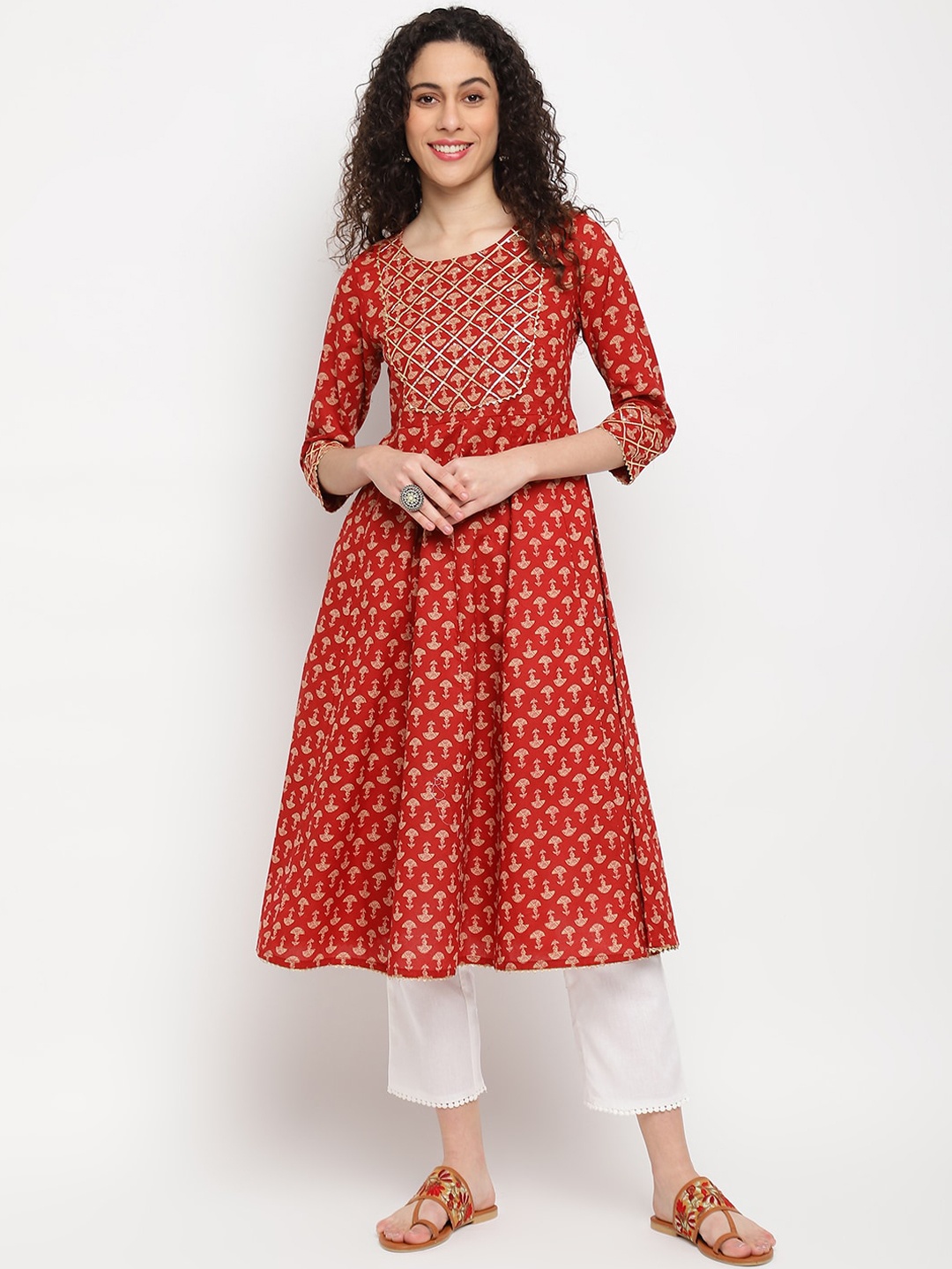 

IMARA Ethnic Motifs Printed Sequinned Pure Cotton Anarkali Kurta, Red