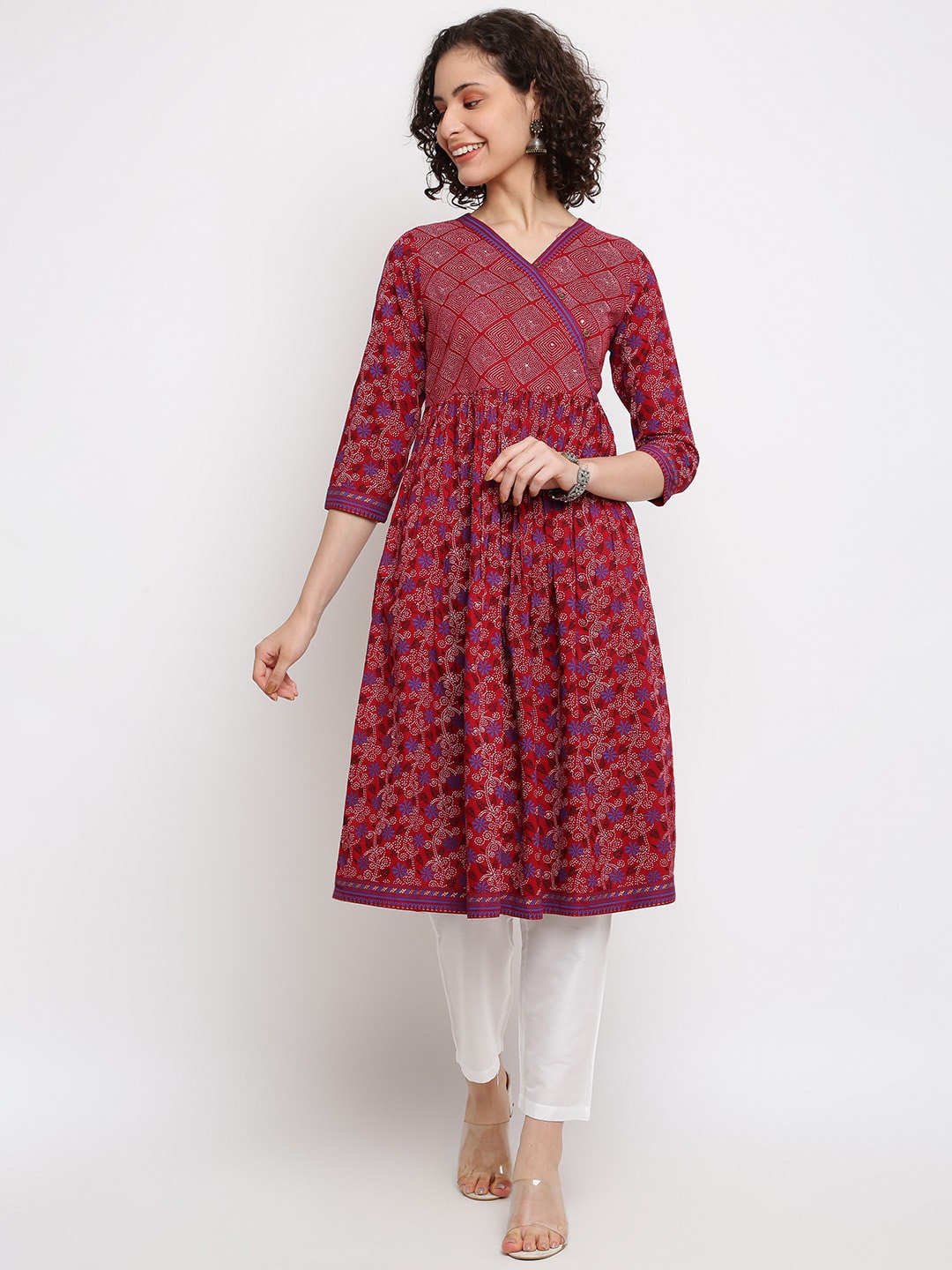 

IMARA Ethnic Motifs Printed Sequinned Angrakha Anarkali Kurta, Red