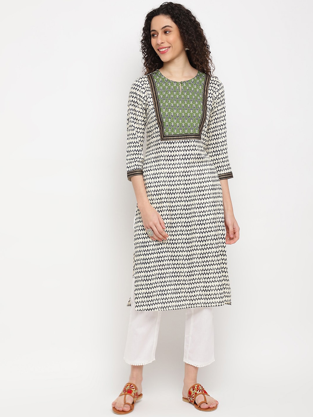 

IMARA Ethnic Motifs Printed Keyhole Neck Kurta, Green