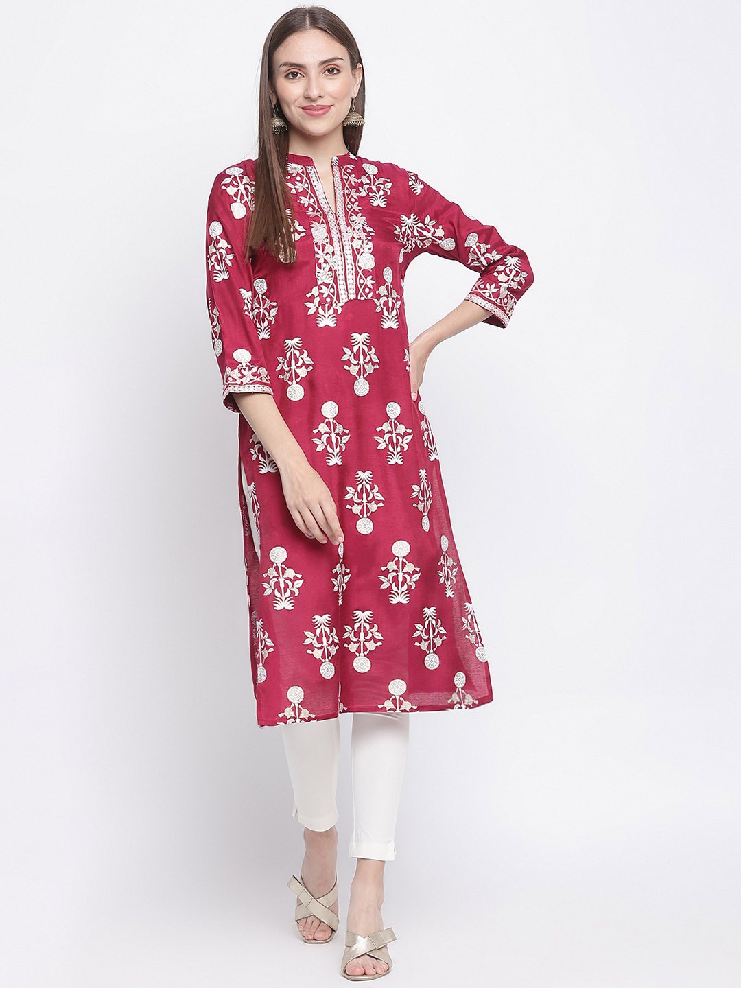 

IMARA Floral Printed Band Collar Mirror Work Kurta, Pink