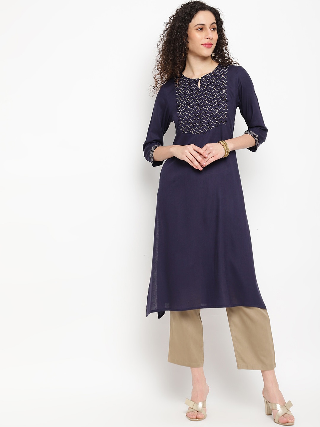

IMARA Chevron Yoke Design Keyhole Neck Sequinned Kurta, Navy blue