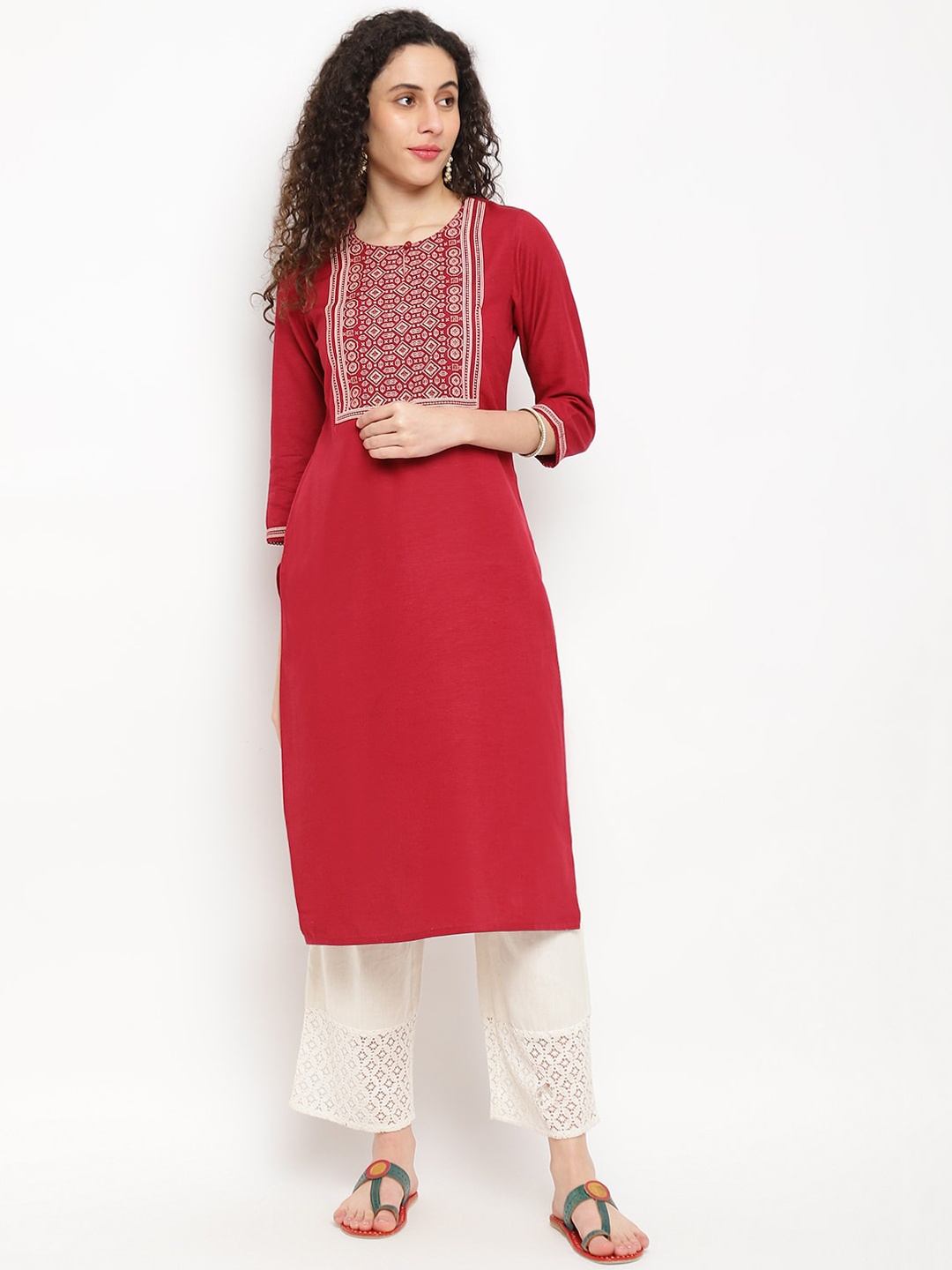 

IMARA Ethnic Motifs Yoke Design Keyhole Neck Straight Kurta, Maroon
