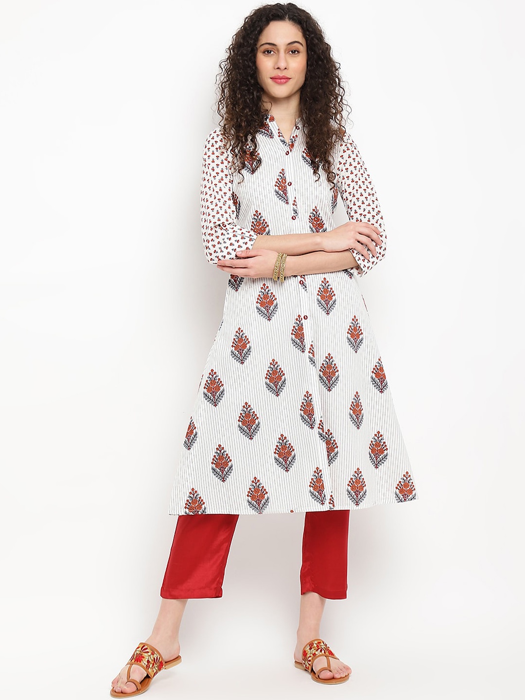 

IMARA Floral Printed Band Collar Pure Cotton A-Line Kurta, White
