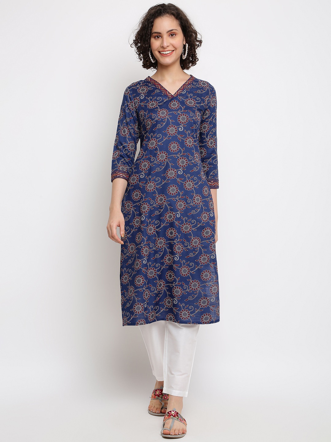 

IMARA Floral Printed V-Neck Sequinned Kurta, Navy blue