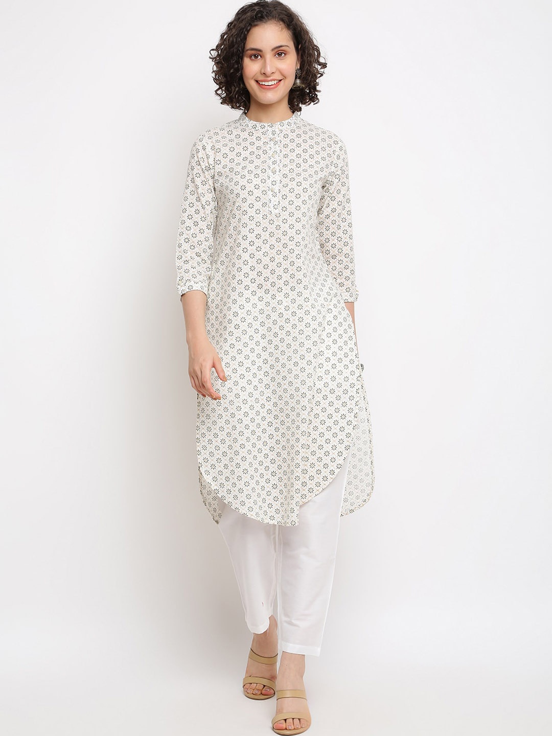 

IMARA Floral Printed Mandarin Collar Curved Hem Kurta, Off white
